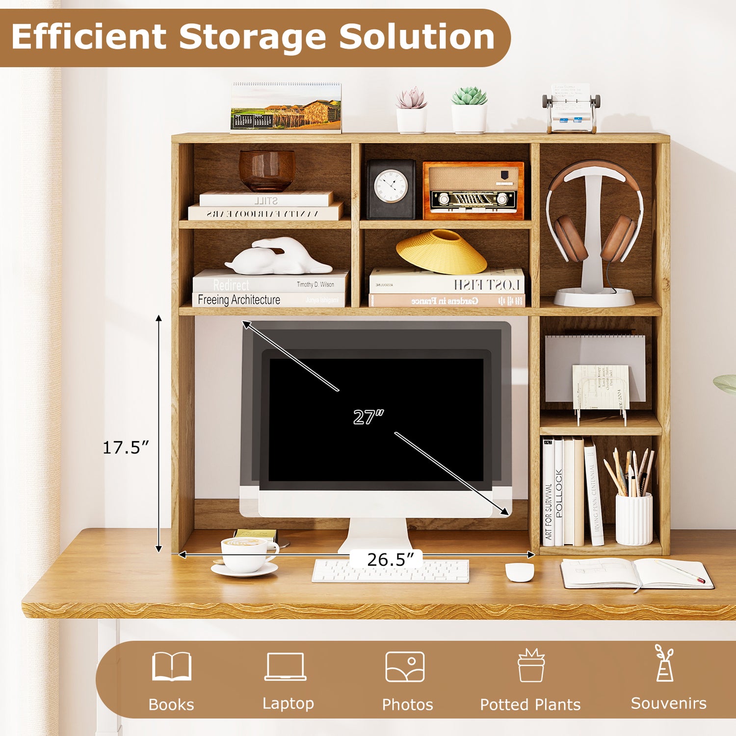 Desktop Bookshelf with 7 Open Cubbies and 3 Adjustable Shelves-Natural