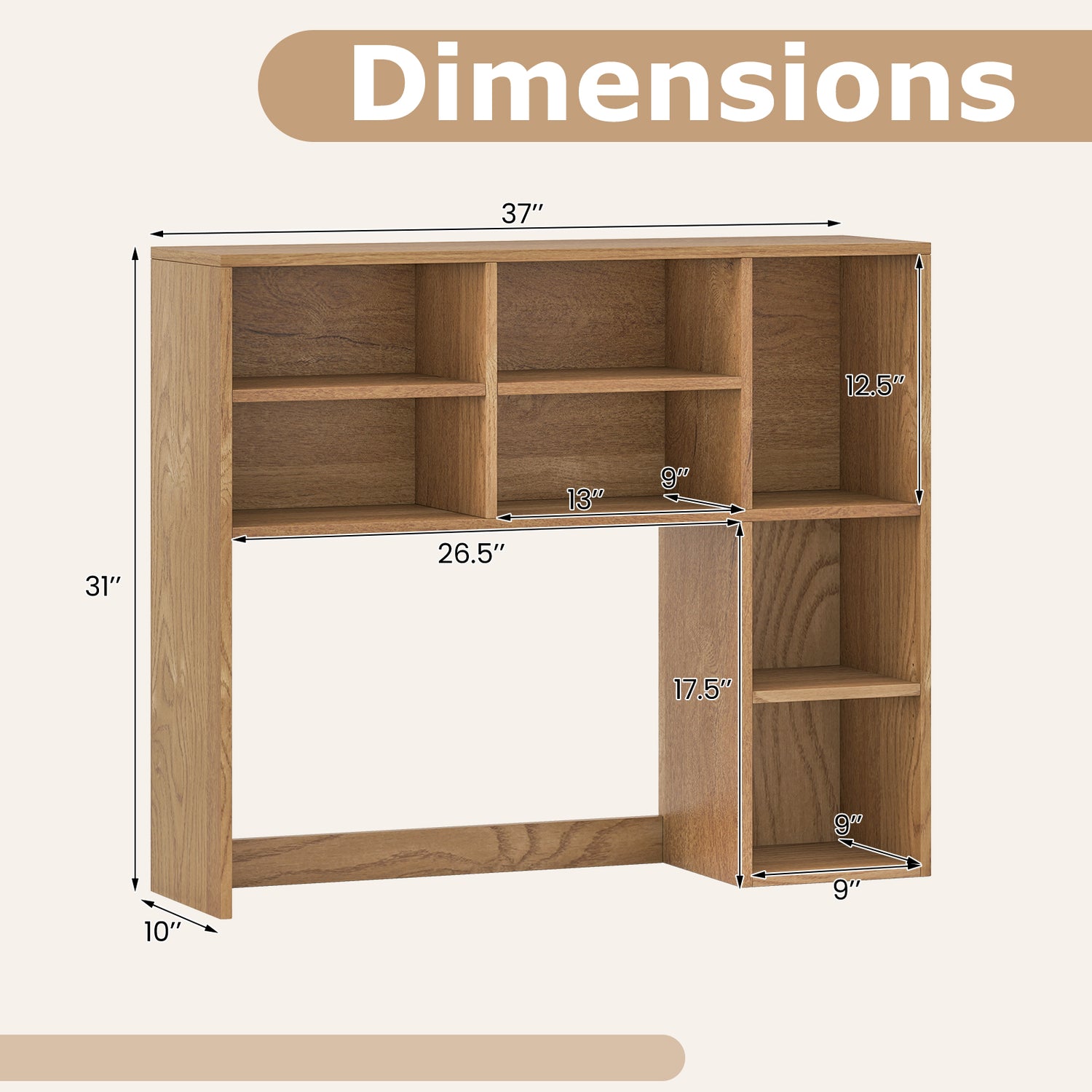 Desktop Bookshelf with 7 Open Cubbies and 3 Adjustable Shelves-Natural
