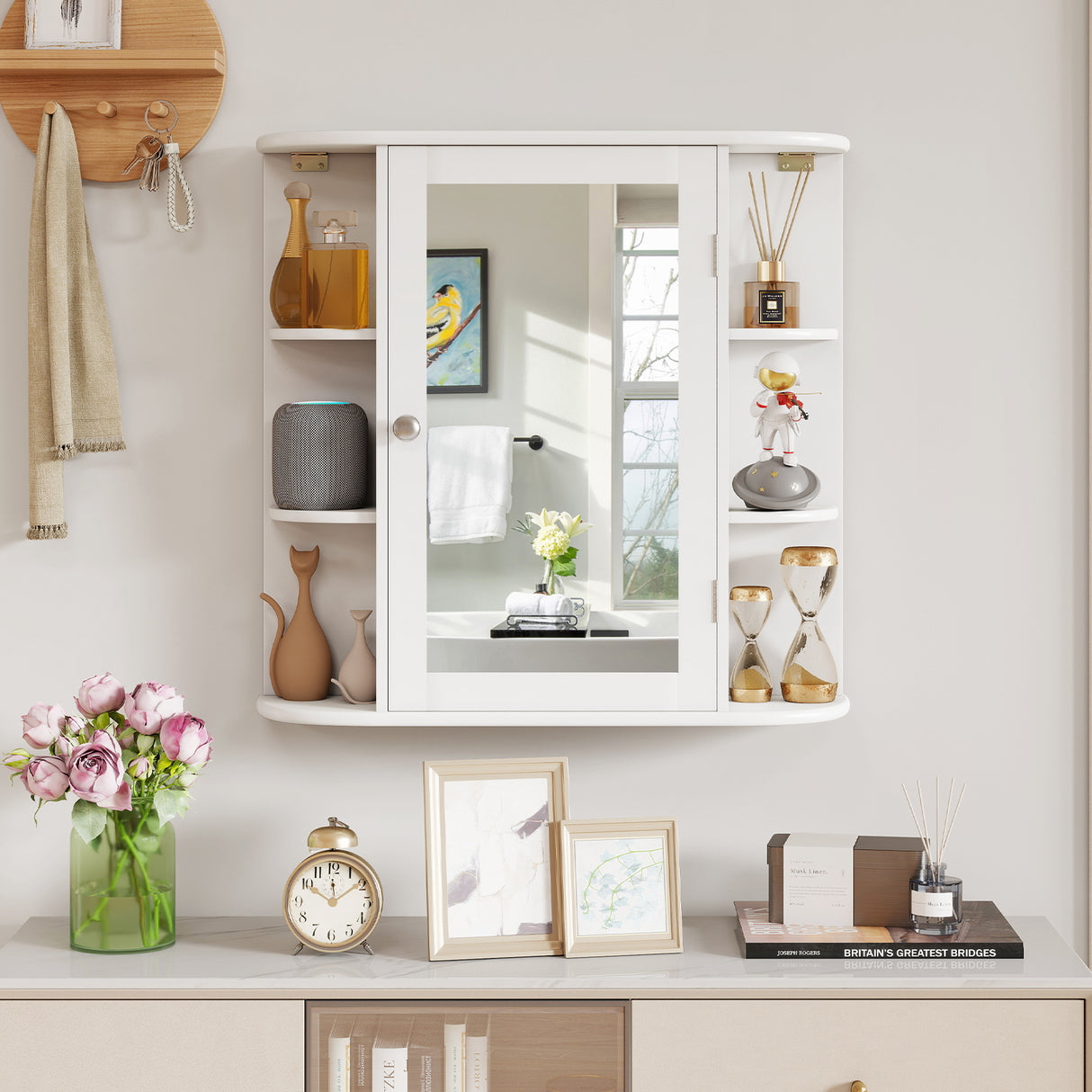 Multipurpose Mount Wall Mirror Bathroom Storage Cabinet-White
