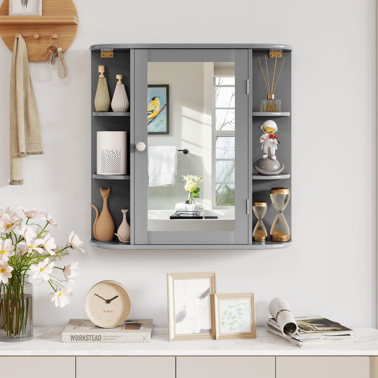 Multipurpose Mount Wall Mirror Bathroom Storage Cabinet-White