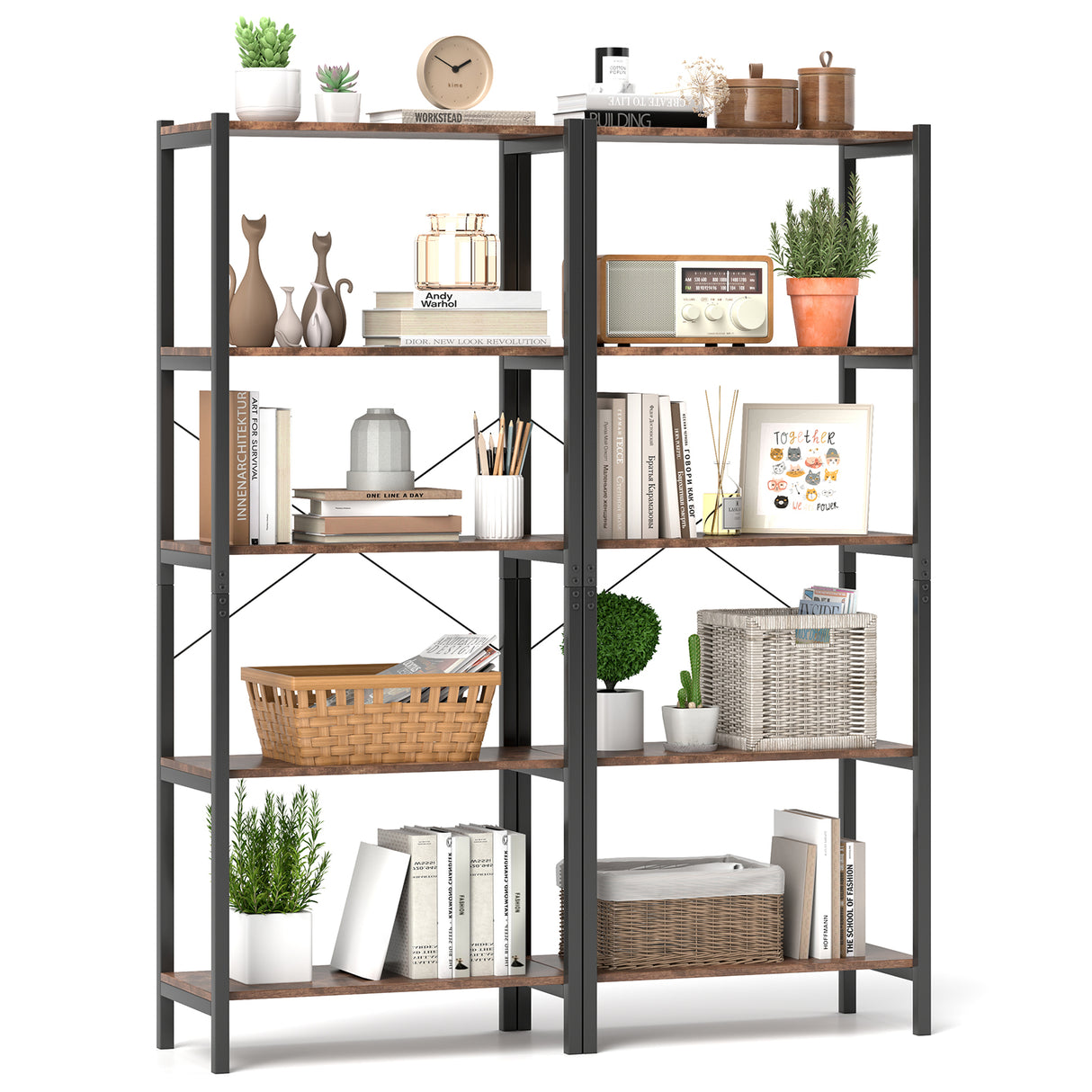 Multipurpose Open Bookcase Industrial Rack Wide Standing Storage Shelf-Brown
