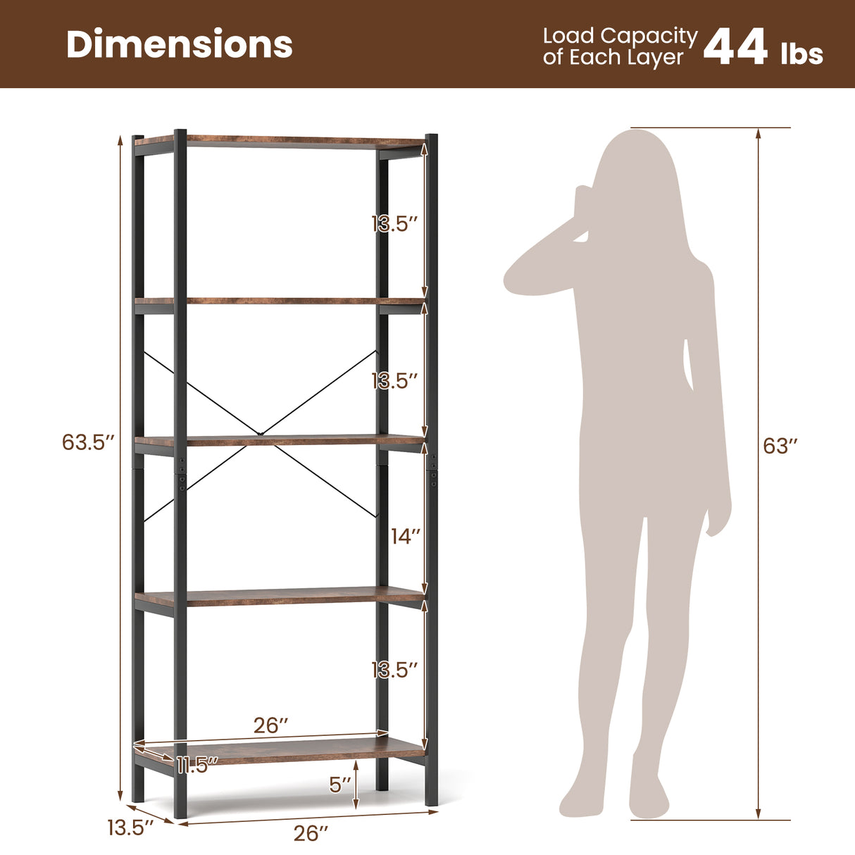 Multipurpose Open Bookcase Industrial Rack Wide Standing Storage Shelf-Brown