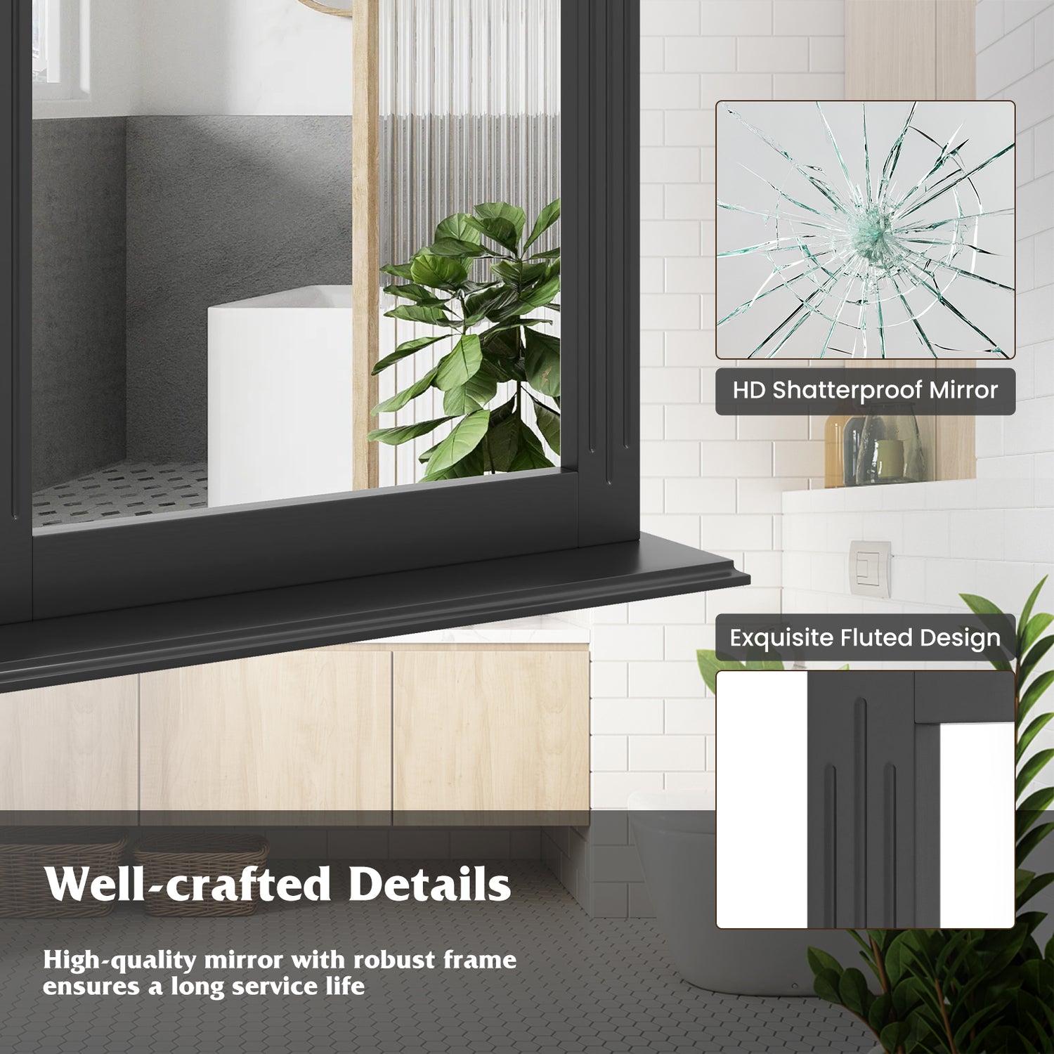 Wall-Mounted Multipurpose Vanity Mirror with Shelf-Black
