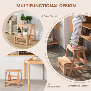 Multipurpose Wood Folding 2-Step Stool for Indoor Outdoor Plant Stand-Natural