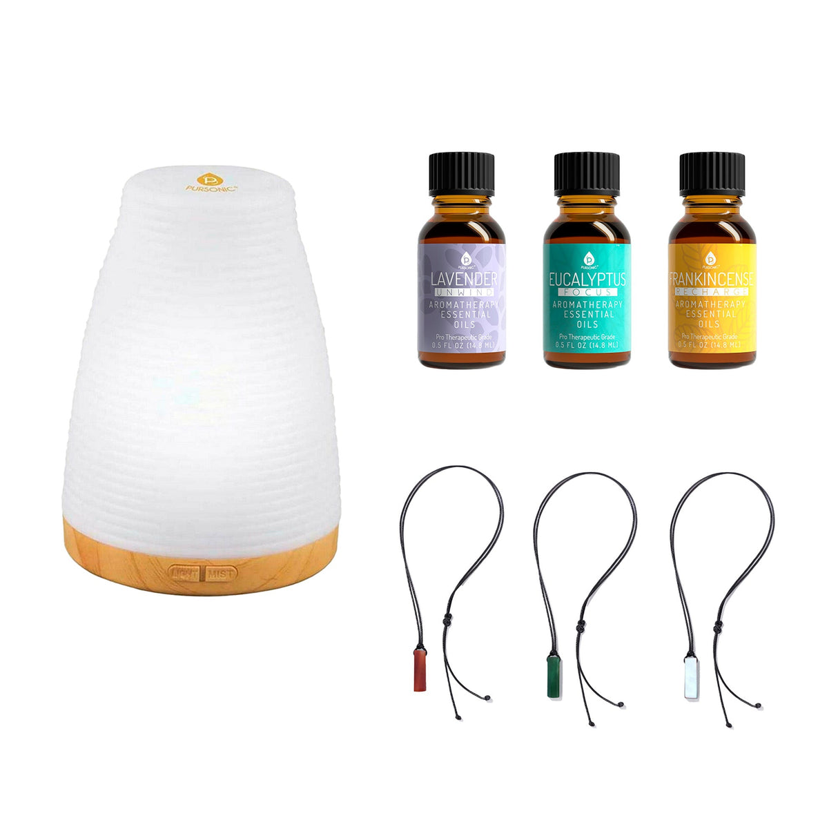 Zen Luxury Wellness Bundle: Trinity Gemstone Necklace Set, Ultrasonic Aroma Diffuser & Essential Oils Trio by Pursonic