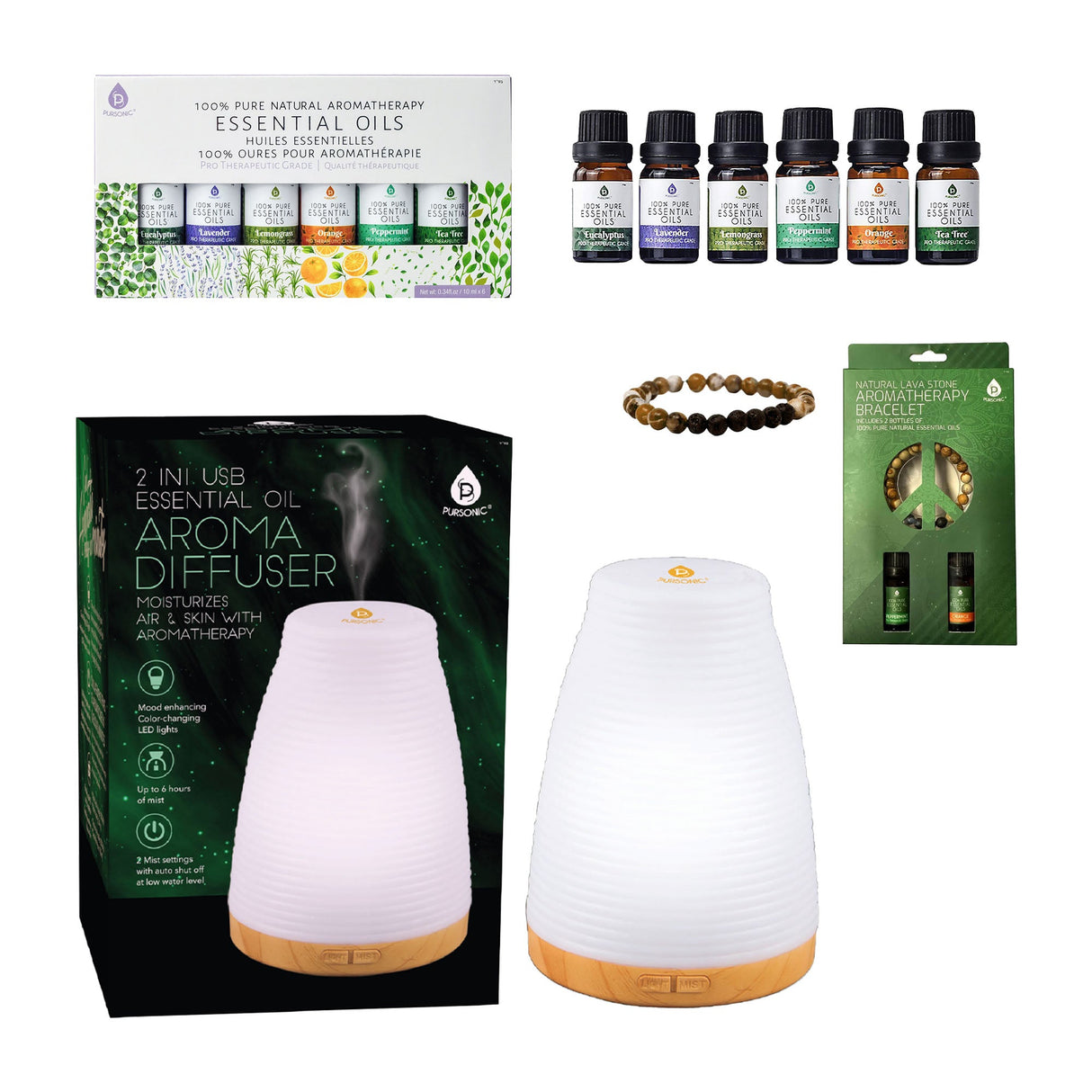 Pursonic Essential Oils Wellness Bundle – Includes Lava Stone Bracelet, 2-in-1 USB Diffuser, and 6-Pack of 100% Pure Aromatherapy Oils by Pursonic