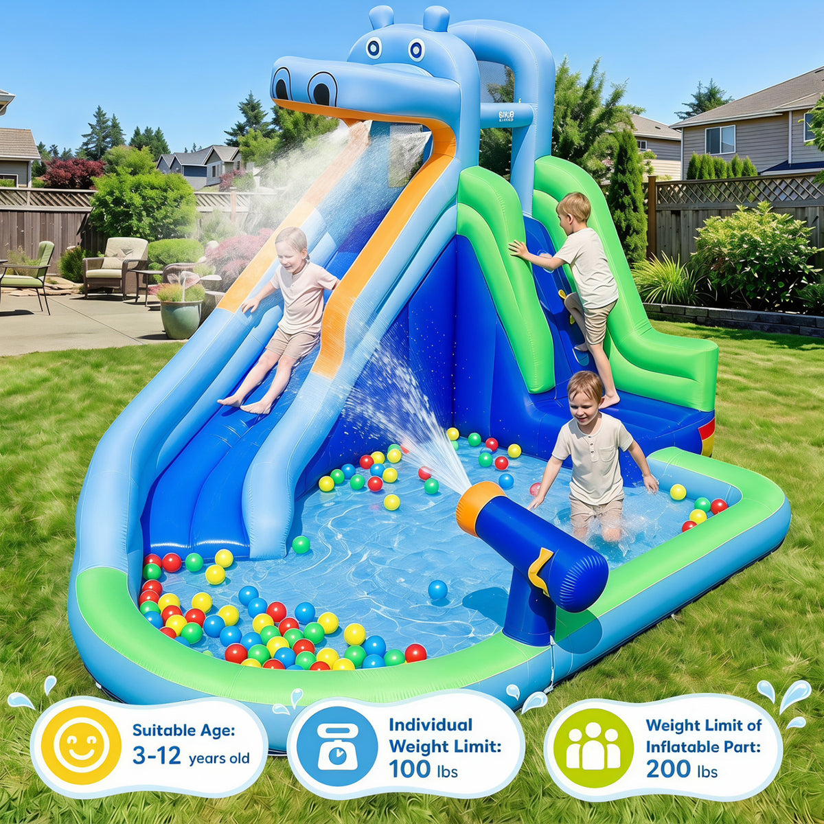 Hippo-Themed Inflatable Water Slide with Long Slide and Climbing Wall for Kids Backyard with 680W Blower