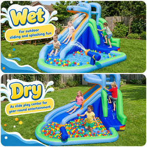 Hippo-Themed Inflatable Water Slide with Long Slide and Climbing Wall for Kids Backyard with 680W Blower