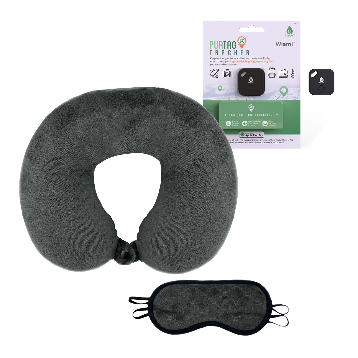 Mindful Traveler Bundle: Memory Foam Travel Pillow with Sleep Mask & Purtag Tracker by Pursonic