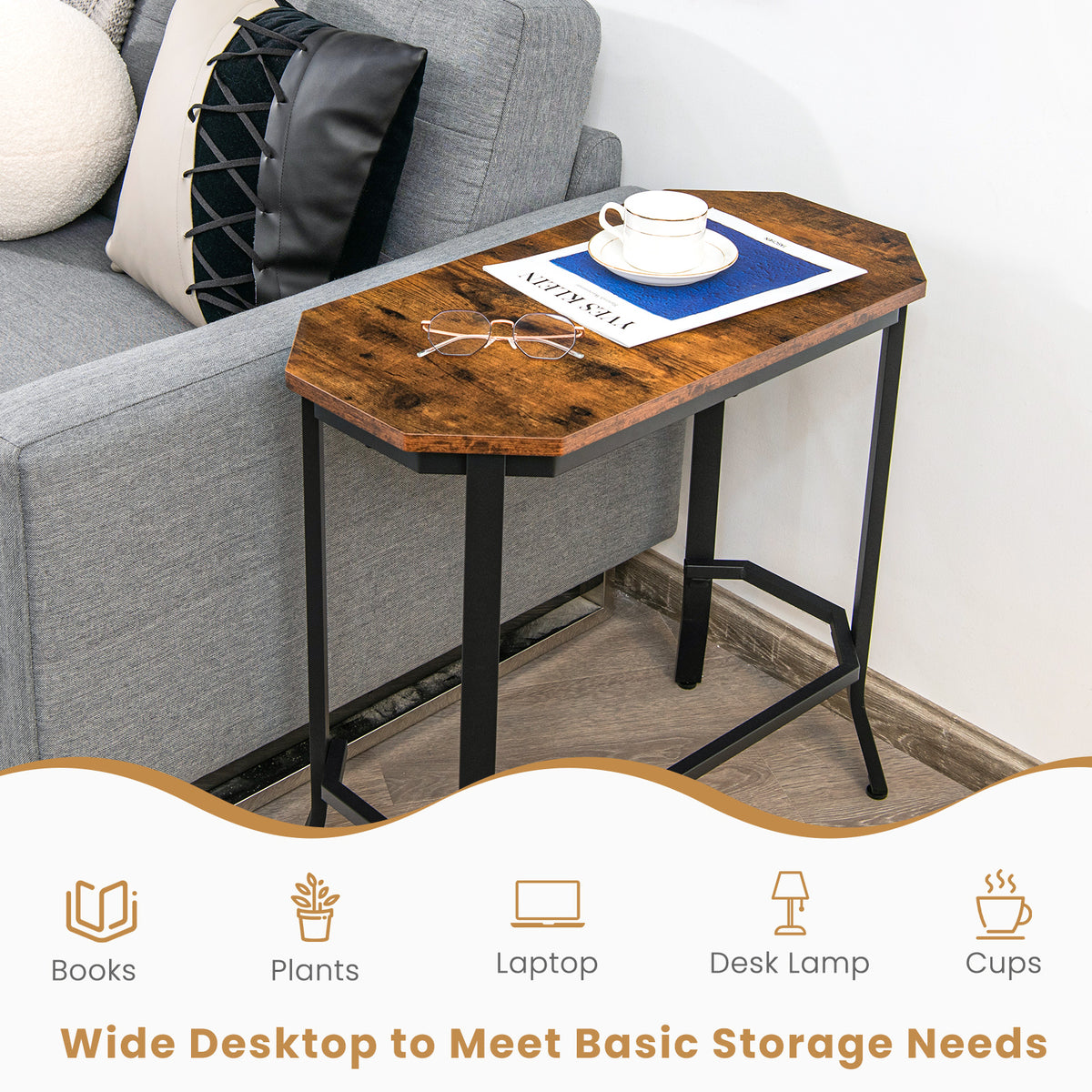 Narrow End Table with Rustic Wood Grain and Stable Steel Frame-Rustic Brown