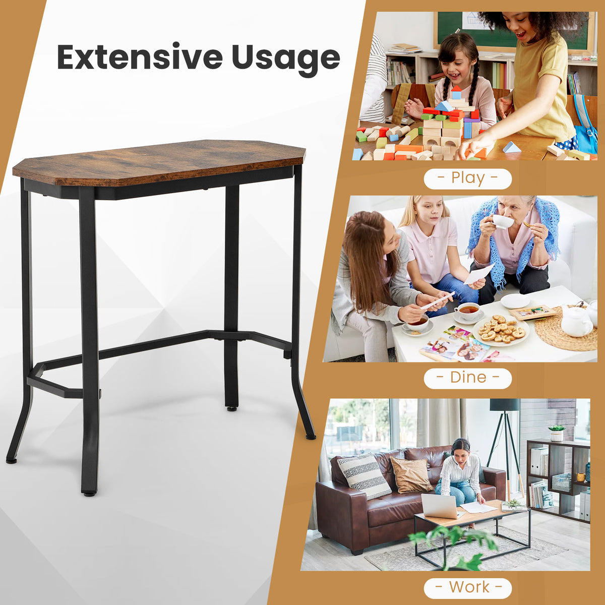 Narrow End Table with Rustic Wood Grain and Stable Steel Frame-Rustic Brown