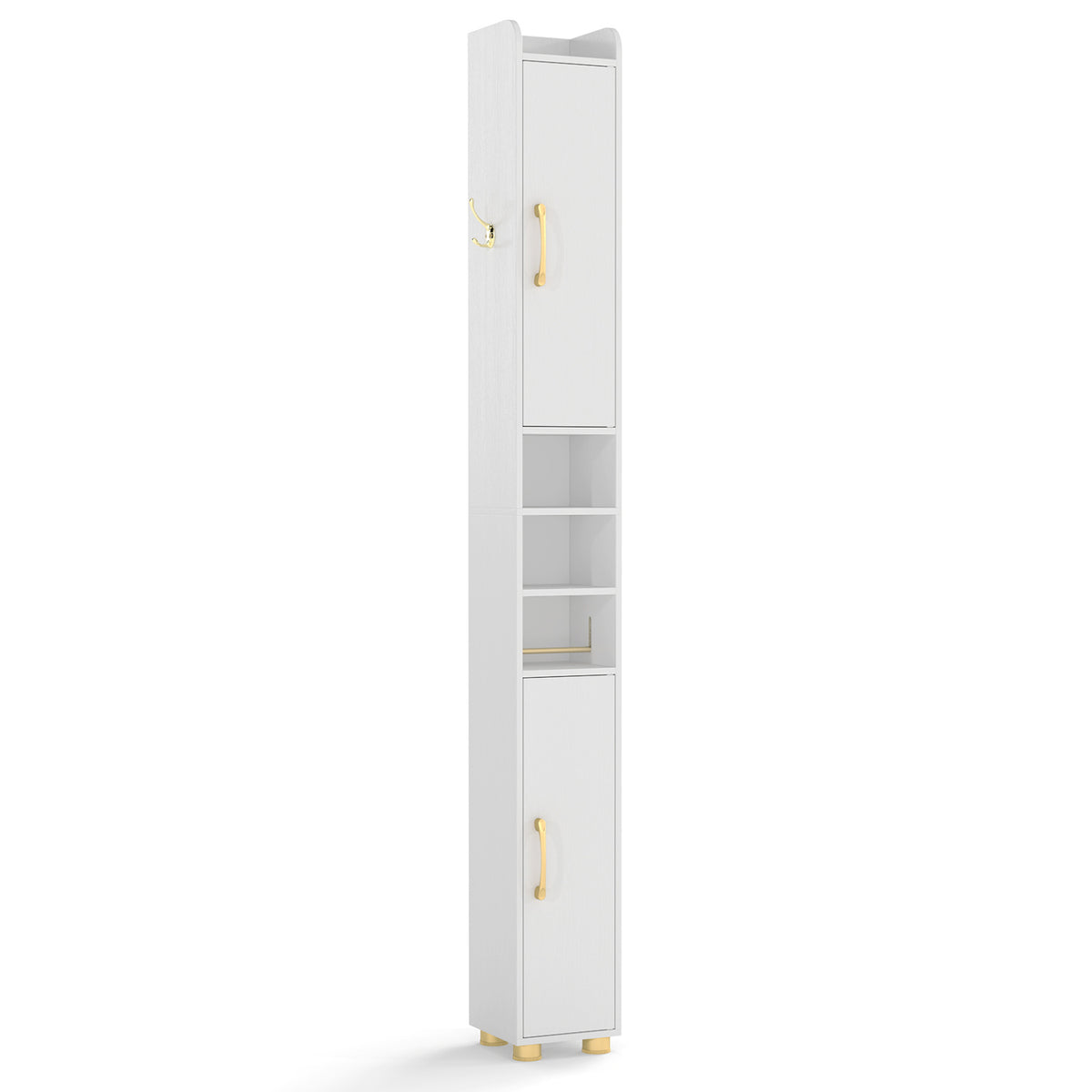 Narrow Bathroom Storage Cabinet with Open Shelves and Toilet Paper Holder-White
