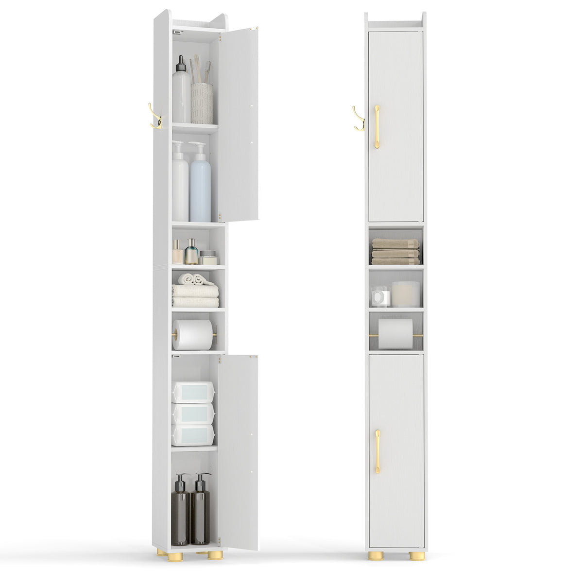 Narrow Bathroom Storage Cabinet with Open Shelves and Toilet Paper Holder-White