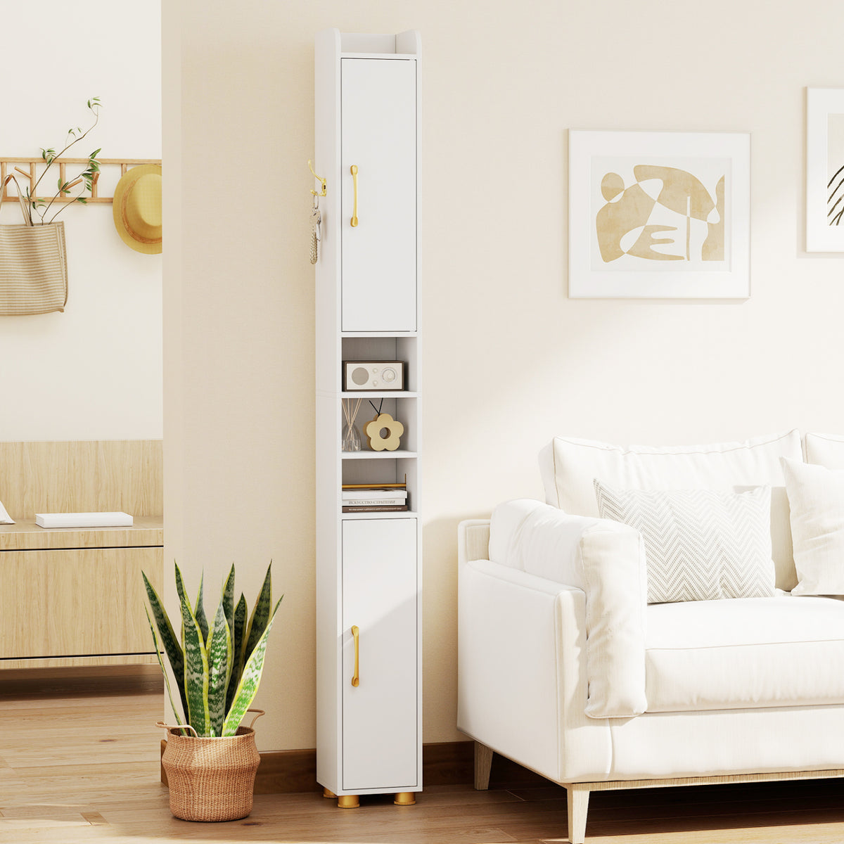 Narrow Bathroom Storage Cabinet with Open Shelves and Toilet Paper Holder-White