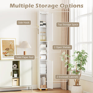 Narrow Bathroom Storage Cabinet with Open Shelves and Toilet Paper Holder-White