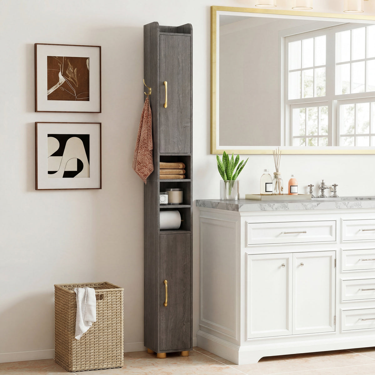 Narrow Bathroom Storage Cabinet with Open Shelves and Toilet Paper Holder-Gray