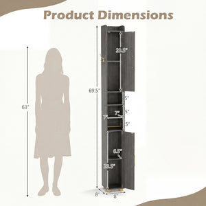 Narrow Bathroom Storage Cabinet with Open Shelves and Toilet Paper Holder-Gray