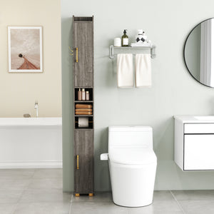 Narrow Bathroom Storage Cabinet with Open Shelves and Toilet Paper Holder-Gray