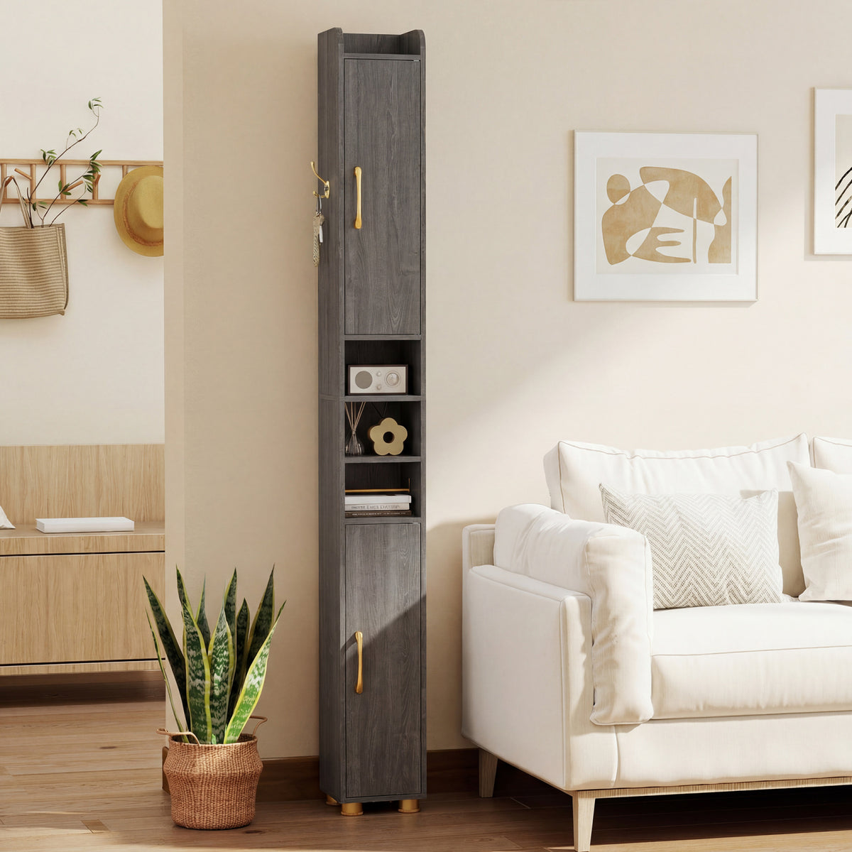 Narrow Bathroom Storage Cabinet with Open Shelves and Toilet Paper Holder-Gray