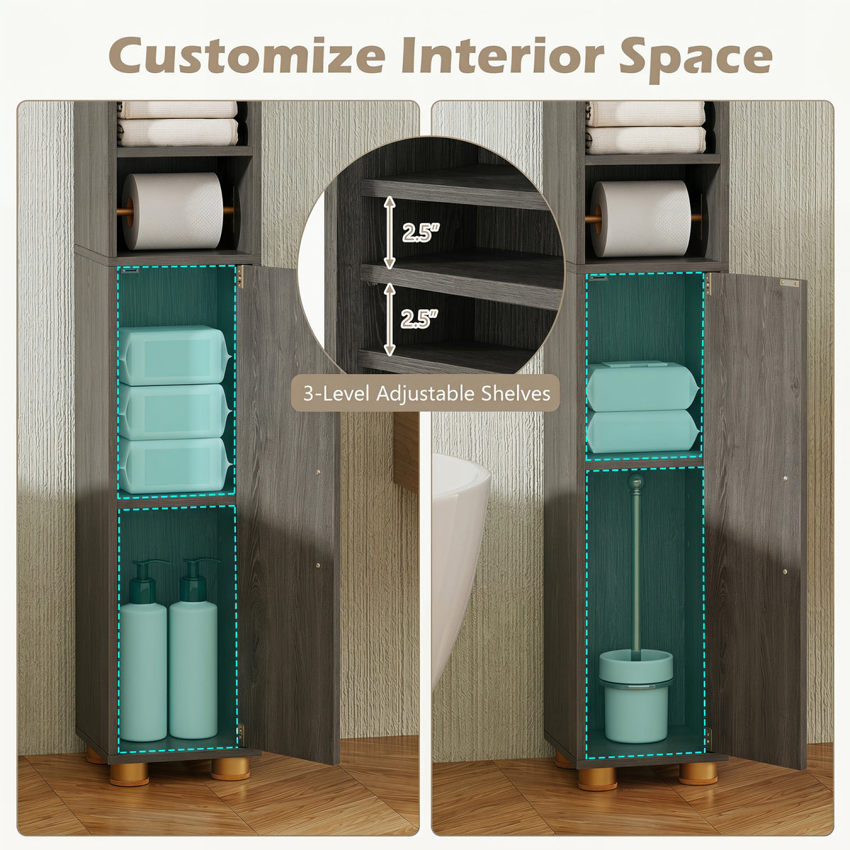 Narrow Bathroom Storage Cabinet with Open Shelves and Toilet Paper Holder-Gray