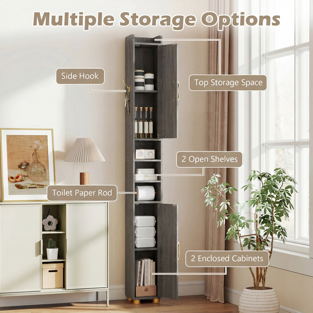Narrow Bathroom Storage Cabinet with Open Shelves and Toilet Paper Holder-Gray