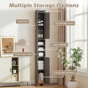 Narrow Bathroom Storage Cabinet with Open Shelves and Toilet Paper Holder-Gray