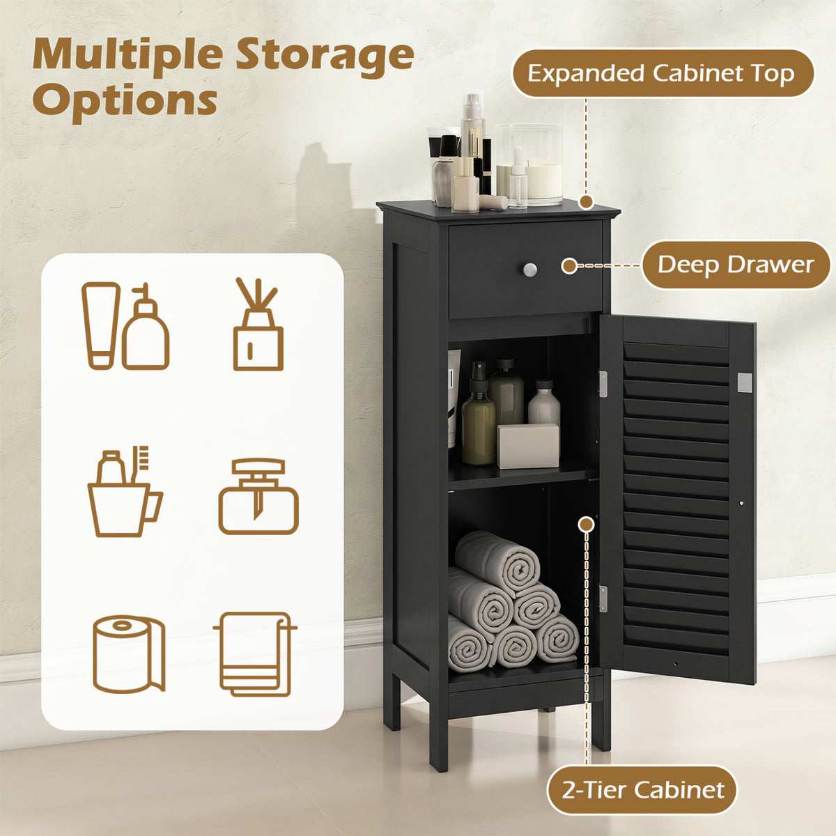 Narrow Bathroom Storage Cabinet with Adjustable Shelf and Drawer-Black