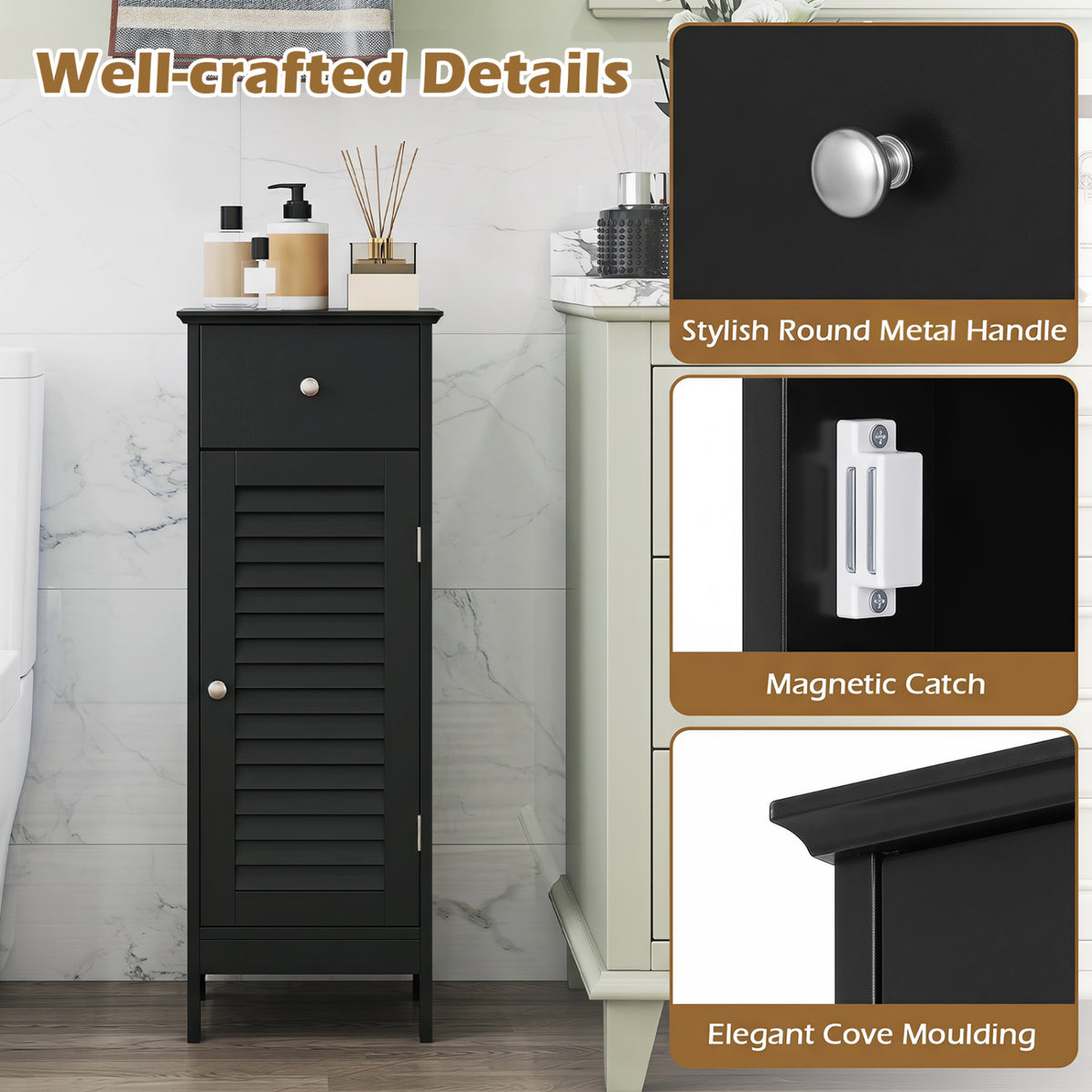 Narrow Bathroom Storage Cabinet with Adjustable Shelf and Drawer-Black