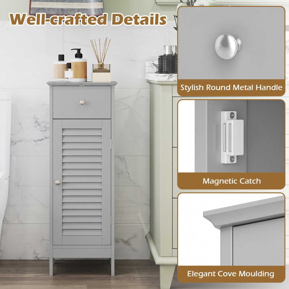 Narrow Bathroom Storage Cabinet with Adjustable Shelf and Drawer-Gray