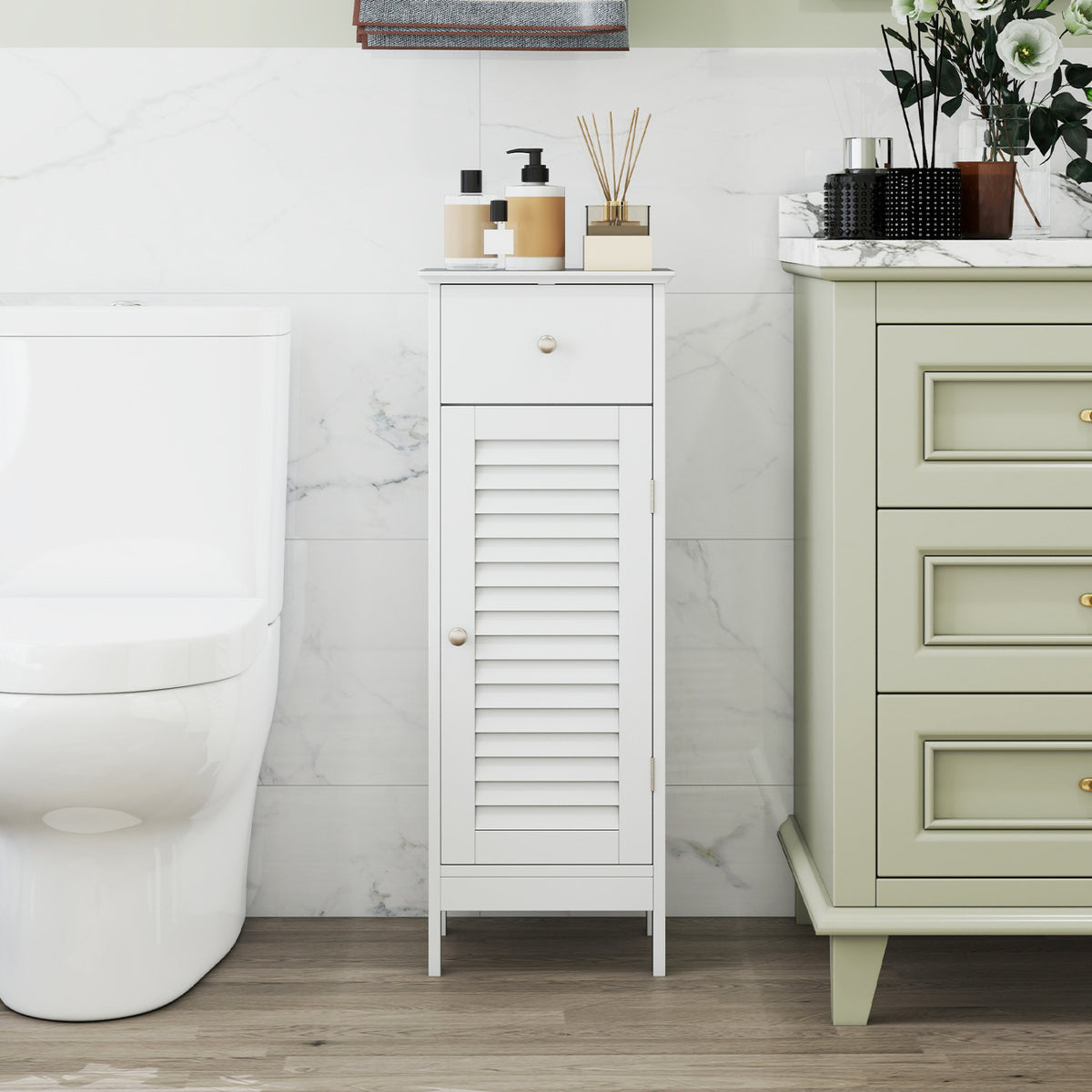 Narrow Bathroom Storage Cabinet with Adjustable Shelf and Drawer-White