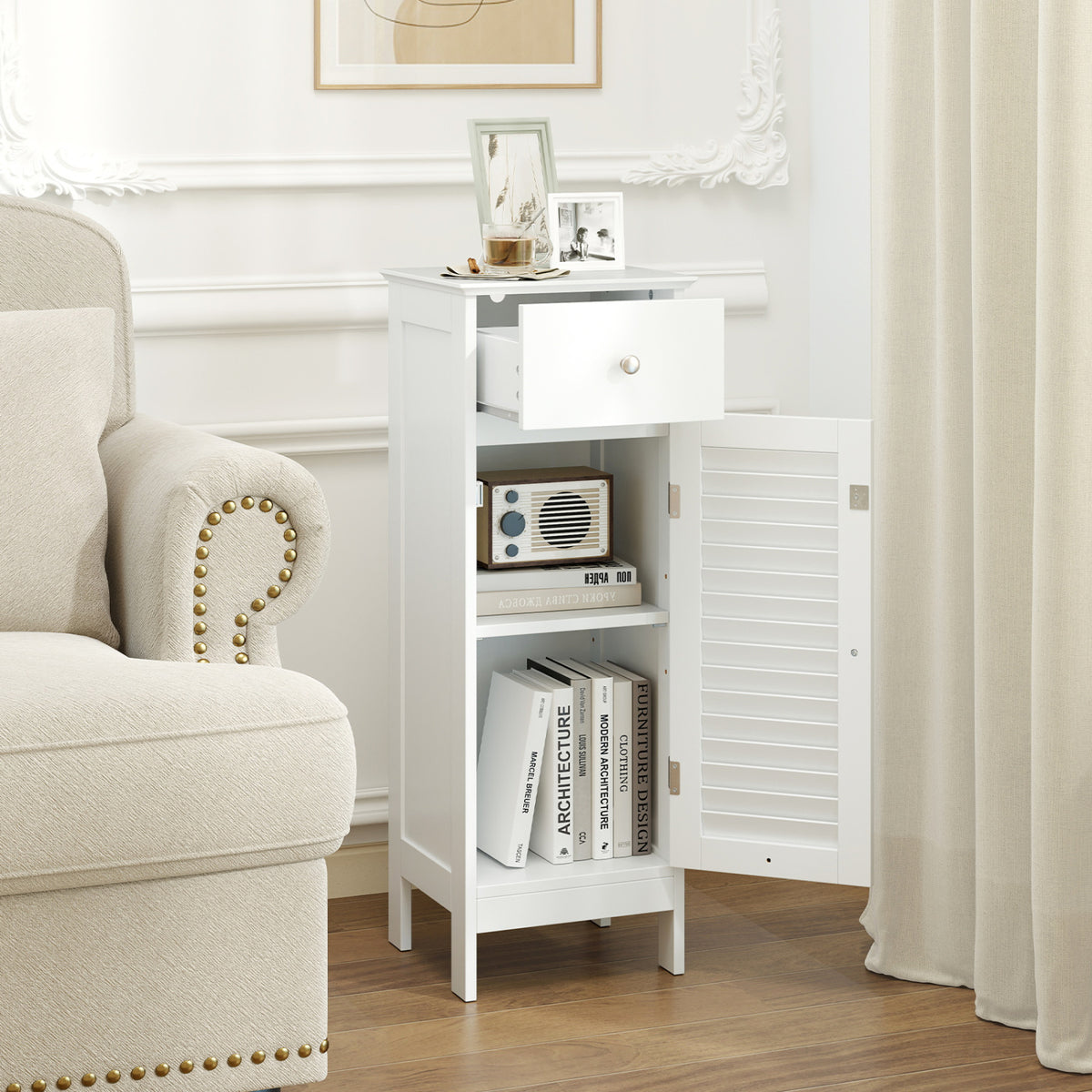 Narrow Bathroom Storage Cabinet with Adjustable Shelf and Drawer-White