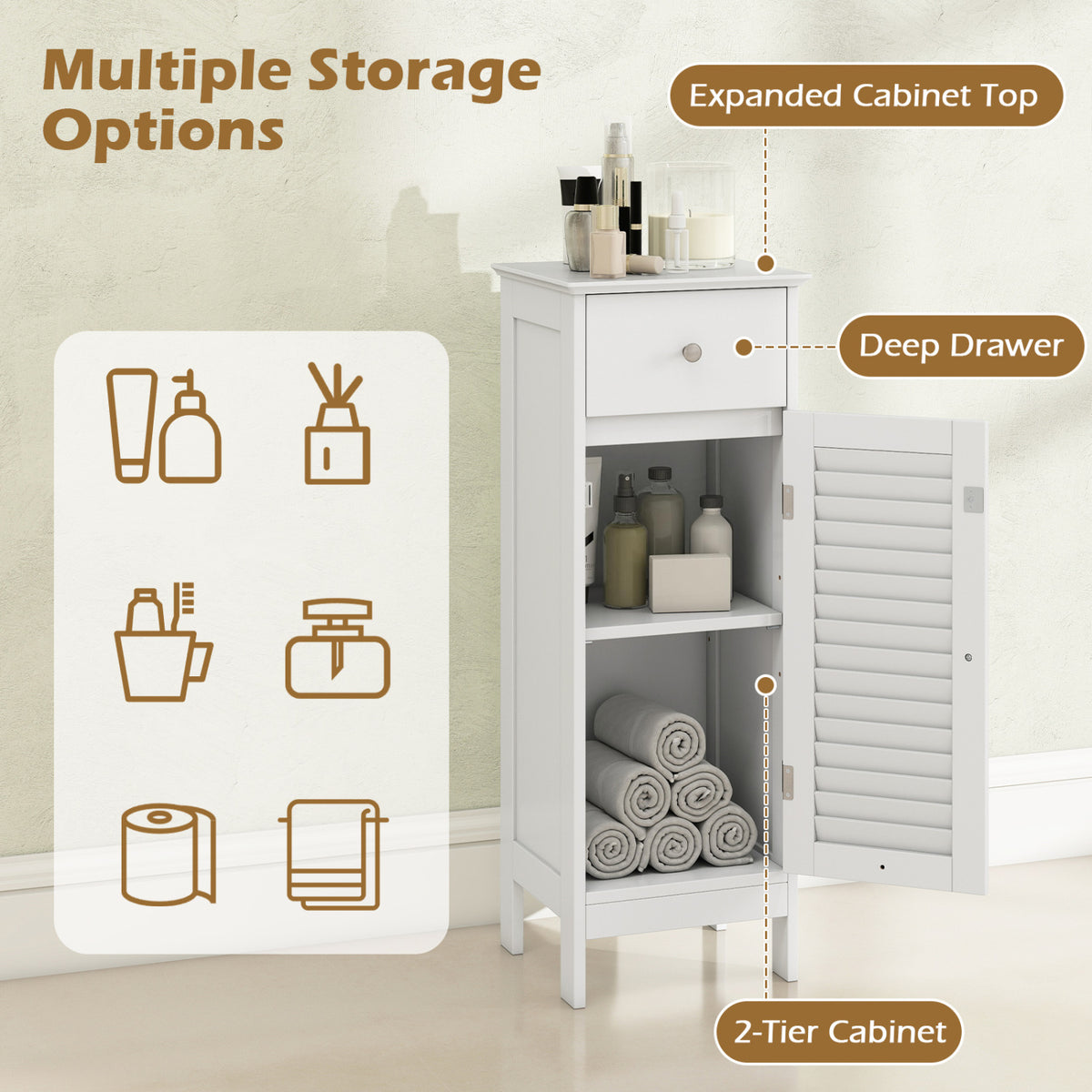 Narrow Bathroom Storage Cabinet with Adjustable Shelf and Drawer-White