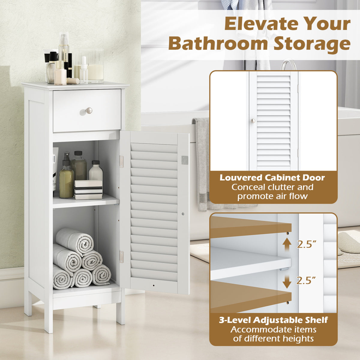 Narrow Bathroom Storage Cabinet with Adjustable Shelf and Drawer-White