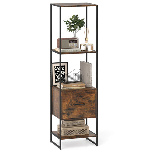 5-Tier Narrow Bookcase with 4 Open Shelves and Storage Drawer-Rustic Brown