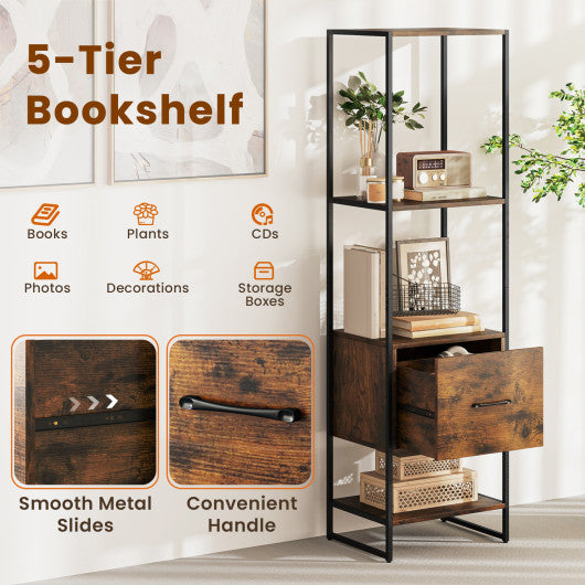 5-Tier Narrow Bookcase with 4 Open Shelves and Storage Drawer-Rustic Brown