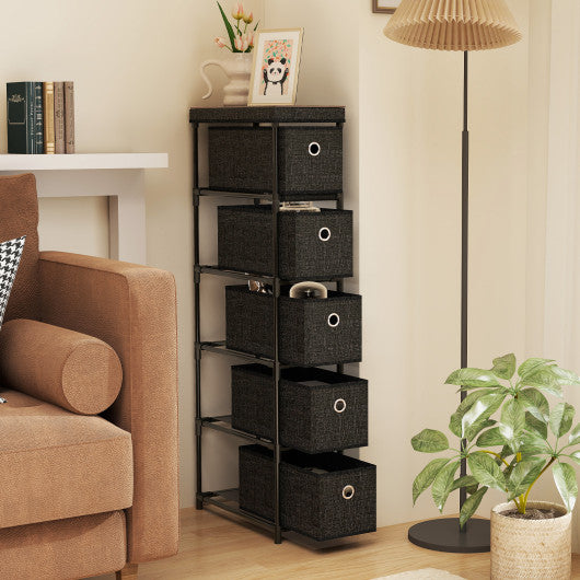 Narrow Dresser with 5 Drawers Slim Storage Tower with Metal Frame-Black