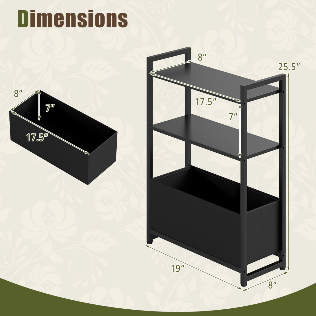 Narrow End Table with Storage Shelves and Metal Frame-Black