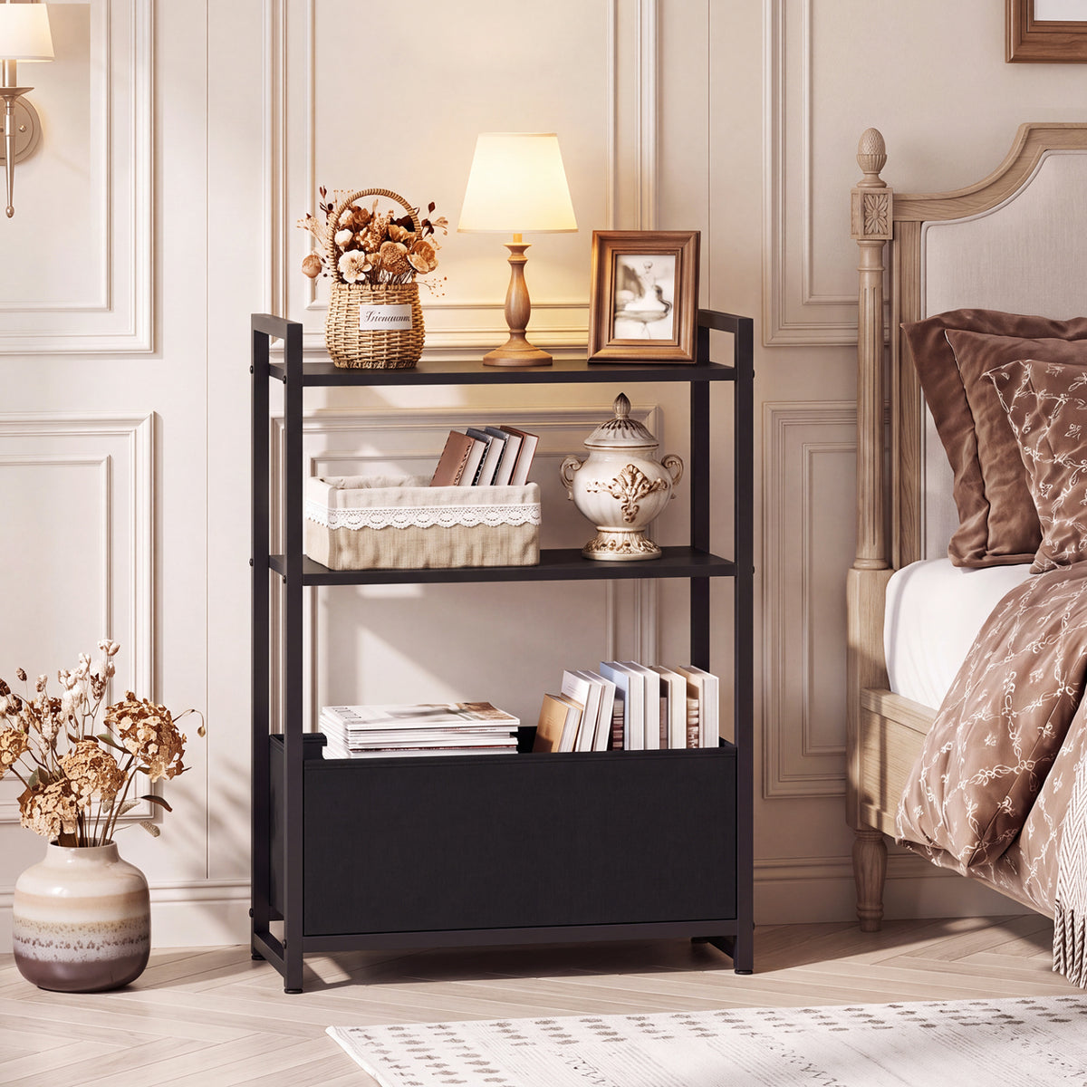 Narrow End Table with Storage Shelves and Metal Frame-Black