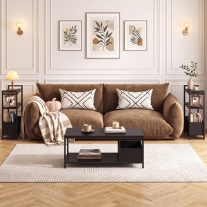 Narrow End Table with Storage Shelves and Metal Frame-Black