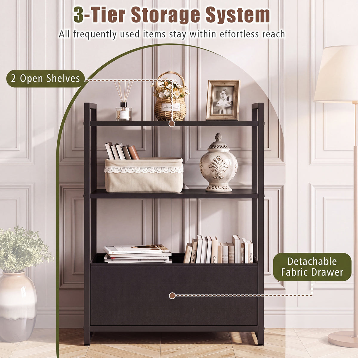Narrow End Table with Storage Shelves and Metal Frame-Black