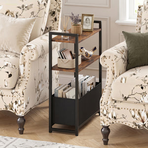 Narrow End Table with Storage Shelves and Metal Frame-Rustic Brown