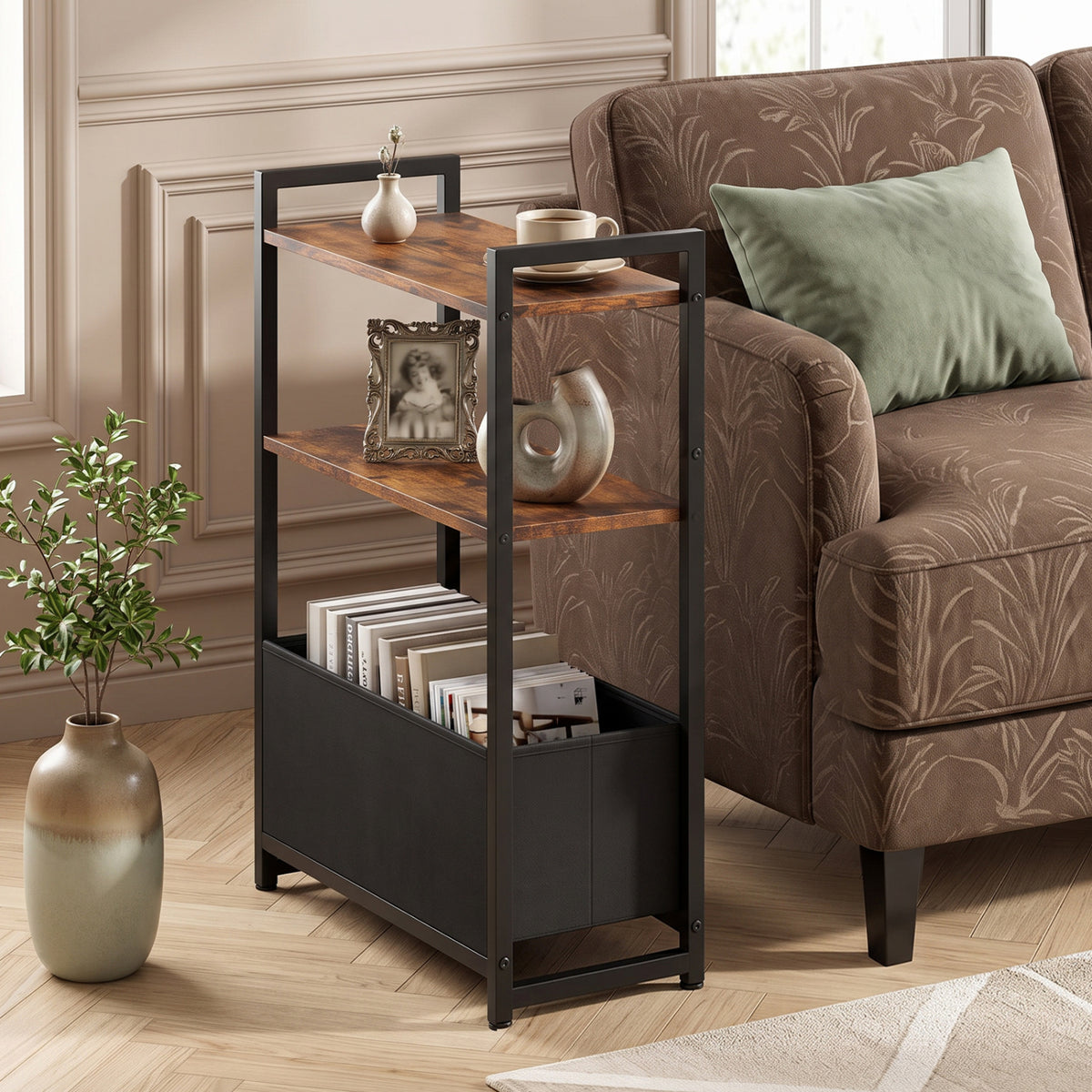 Narrow End Table with Storage Shelves and Metal Frame-Rustic Brown