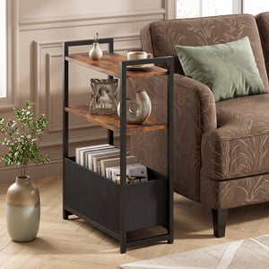 Narrow End Table with Storage Shelves and Metal Frame-Rustic Brown
