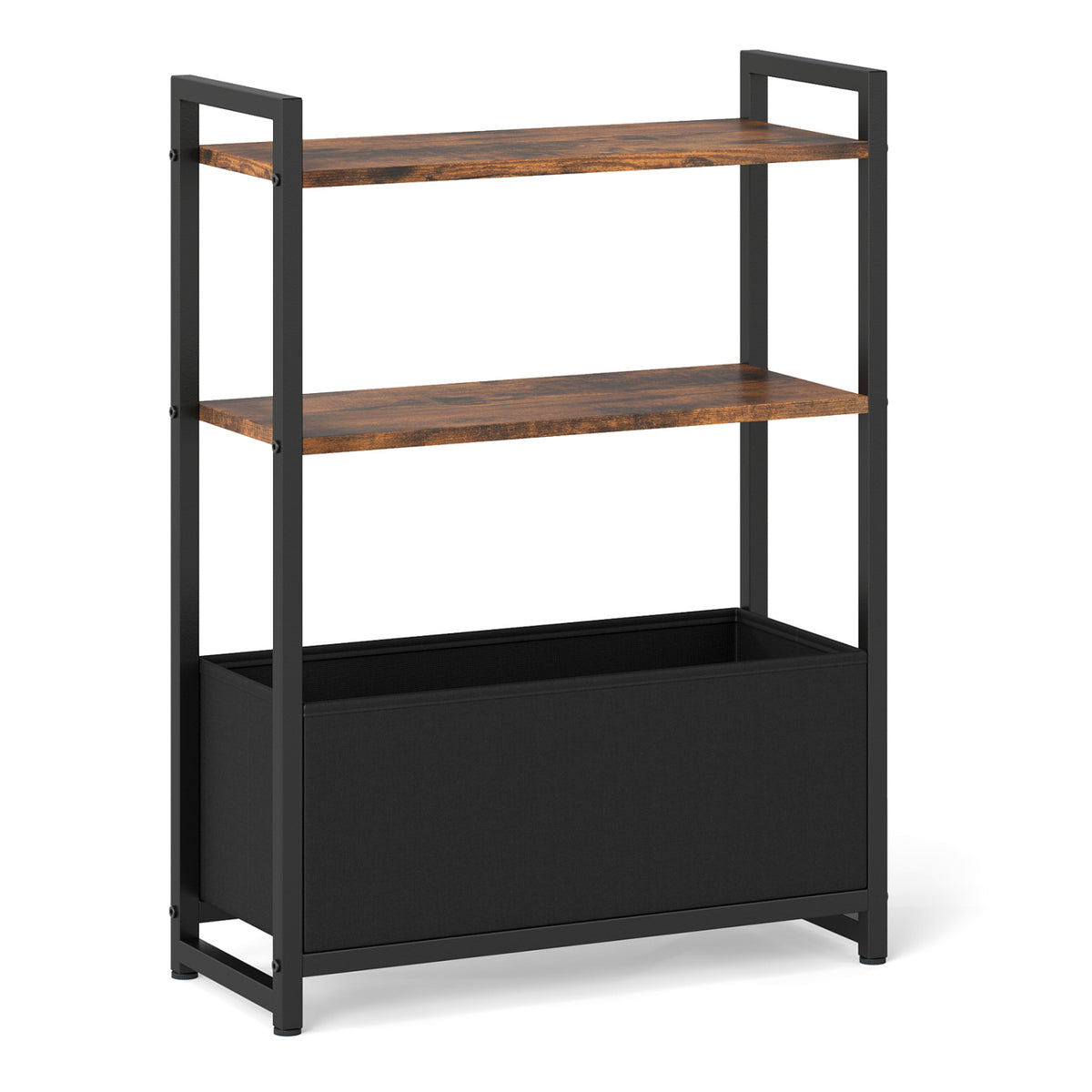 Narrow End Table with Storage Shelves and Metal Frame-Rustic Brown