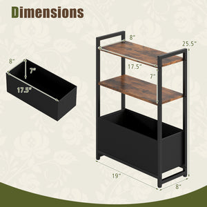 Narrow End Table with Storage Shelves and Metal Frame-Rustic Brown
