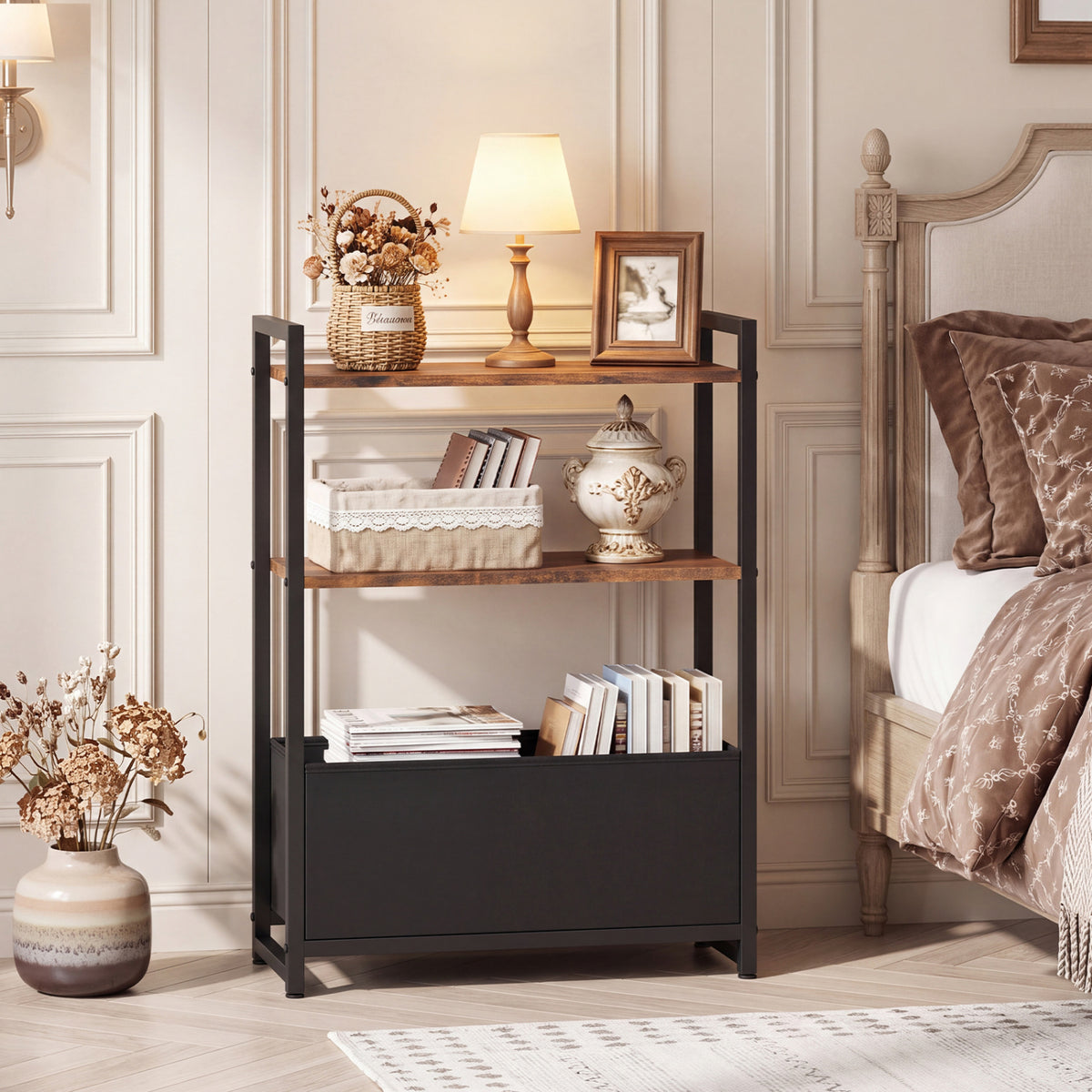 Narrow End Table with Storage Shelves and Metal Frame-Rustic Brown