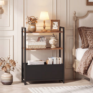 Narrow End Table with Storage Shelves and Metal Frame-Rustic Brown