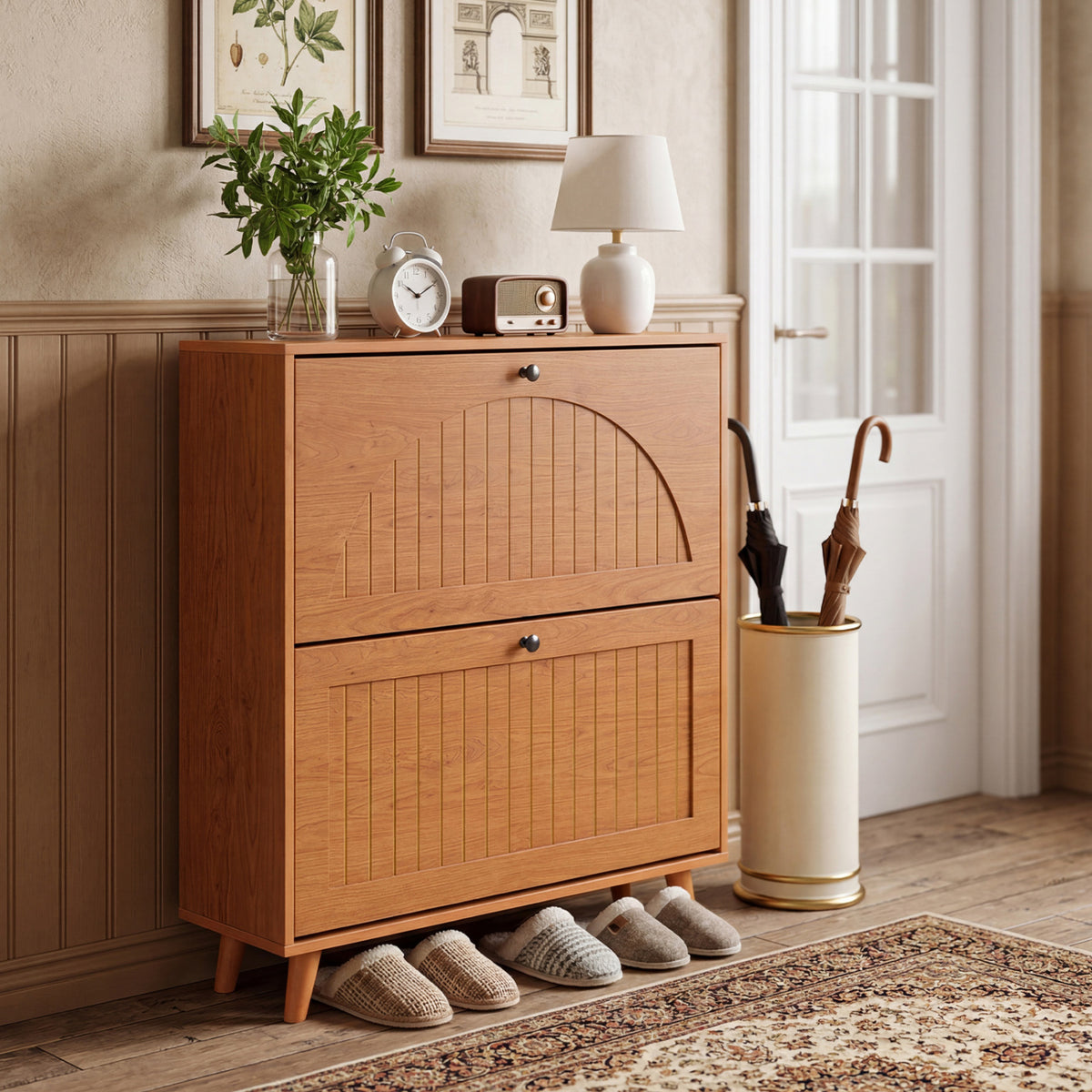 Narrow Shoe Cabinet with Adjustable and Removable Shelves for Entryway Foyer-Oak