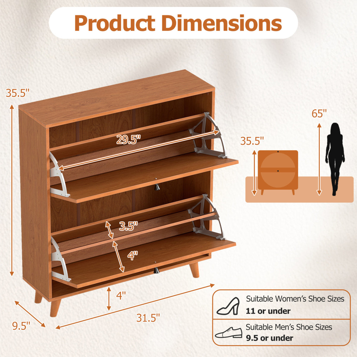Narrow Shoe Cabinet with Adjustable and Removable Shelves for Entryway Foyer-Oak