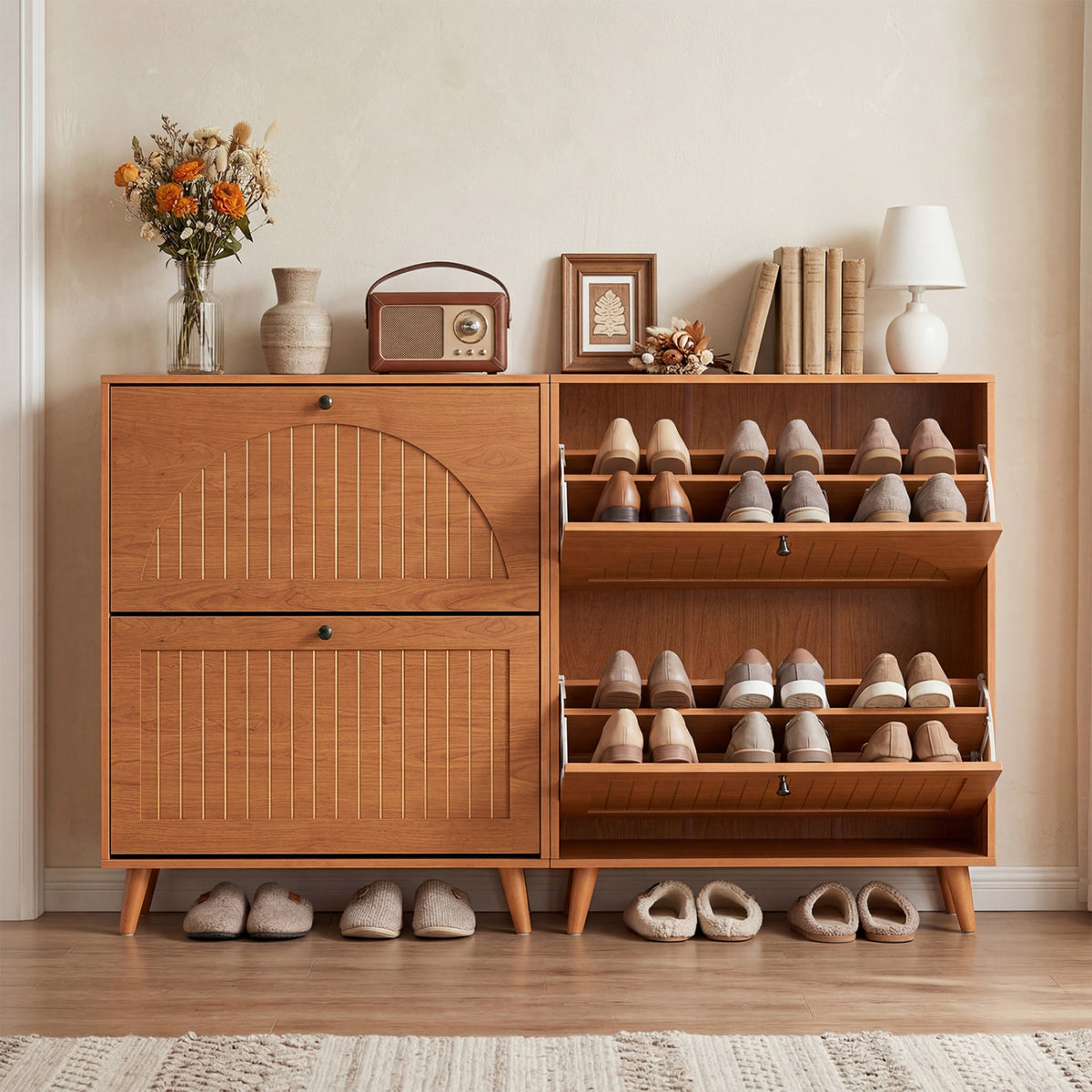 Narrow Shoe Cabinet with Adjustable and Removable Shelves for Entryway Foyer-Oak
